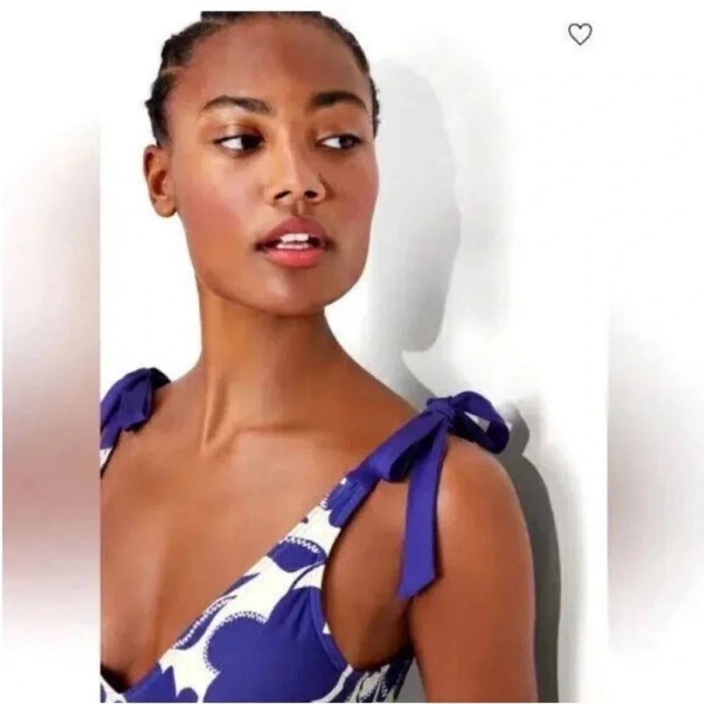 Kate Spade Floral Bow Shoulder Zigzag Blue & White Blueberry Swimsuit